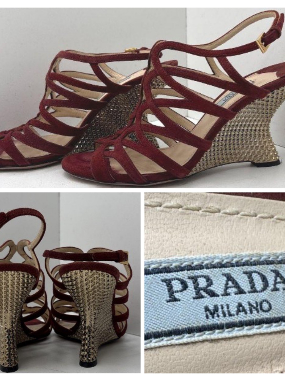 Prada Burgundy Suede Strappy Wedge Sandals with Gold Studded Wedge